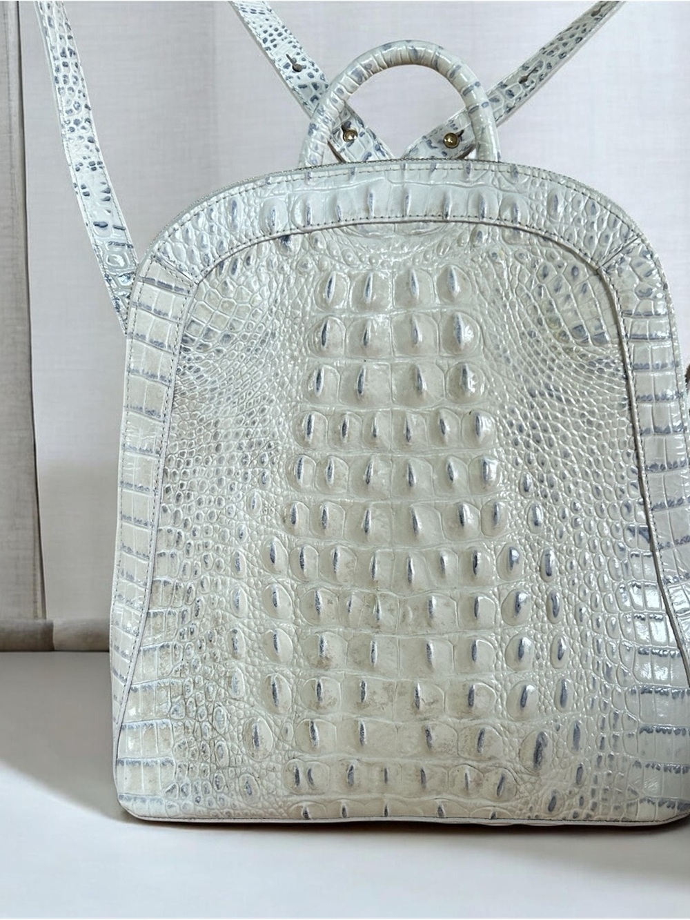 Brahmin Cream/white/blue speck Croc-Embossed Backpack with dustbag.